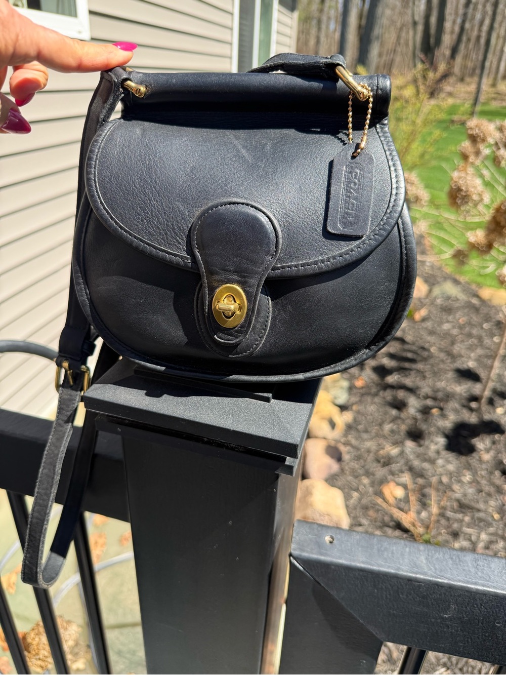 Coach Black Leather Turnlock Crossbody Saddle Bag with Gold Hardware